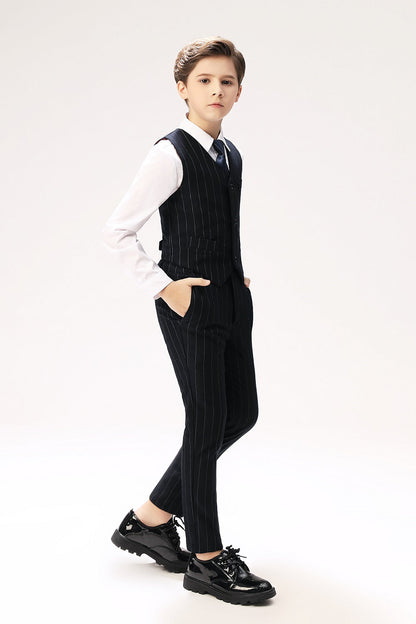 Navy Striped Slim Fit Modern 5 Piece Boy's Formal Suits Yuanlu