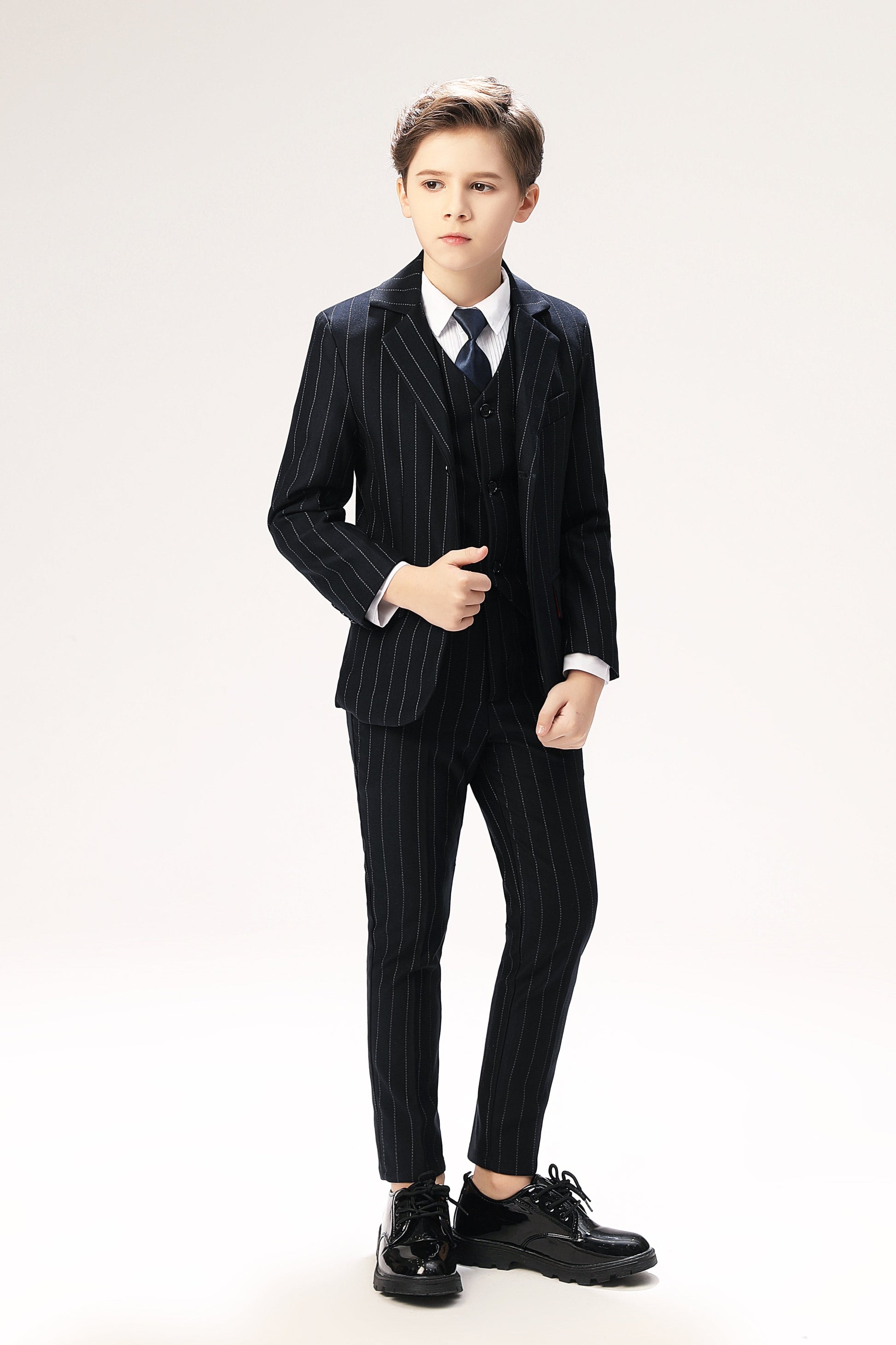 Navy Striped Slim Fit Modern 5 Piece Boy's Formal Suits Yuanlu