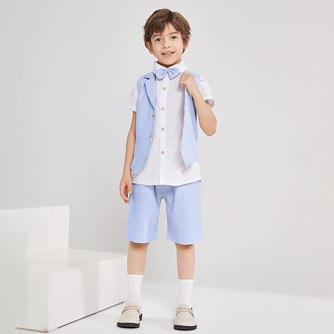 Summer Boys Suit 4Pcs Shirt Vest Shorts Tie Set Yuanlu