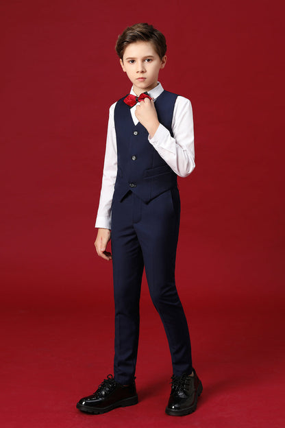 Navy Fit Slim 4 Piece Boy's Formal Suits With Vest+Pants+Shirt+Tie Yuanlu