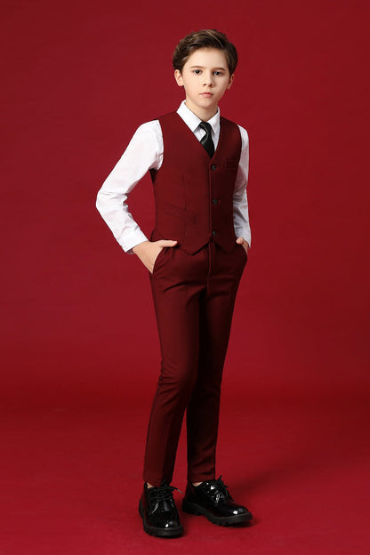 Burgundy Custom Fit Slim 4 Piece Boy's Formal Suits With Vest+Pants+Shirt+Tie Yuanlu