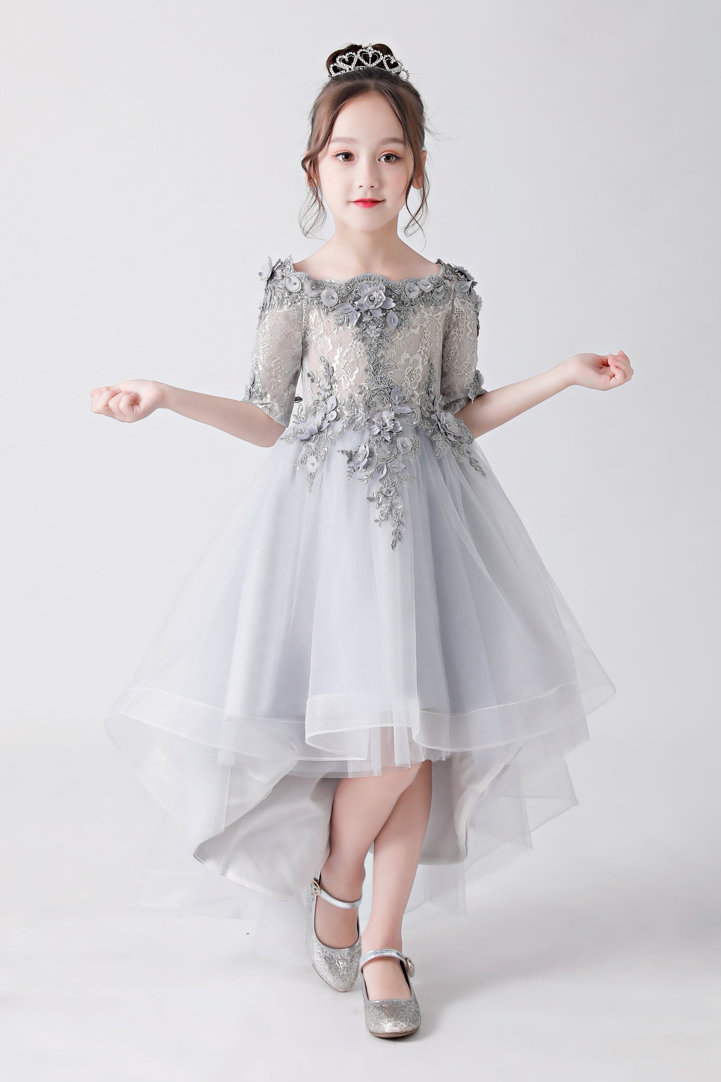 Silver Gray Embroidered Printed Chiffon Flower Girl Gown Dress For Wedding, Party, Occasions FLC3170