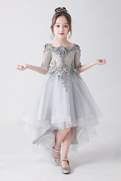 Silver Gray Embroidered Printed Chiffon Flower Girl Gown Dress For Wedding, Party, Occasions FLC3170