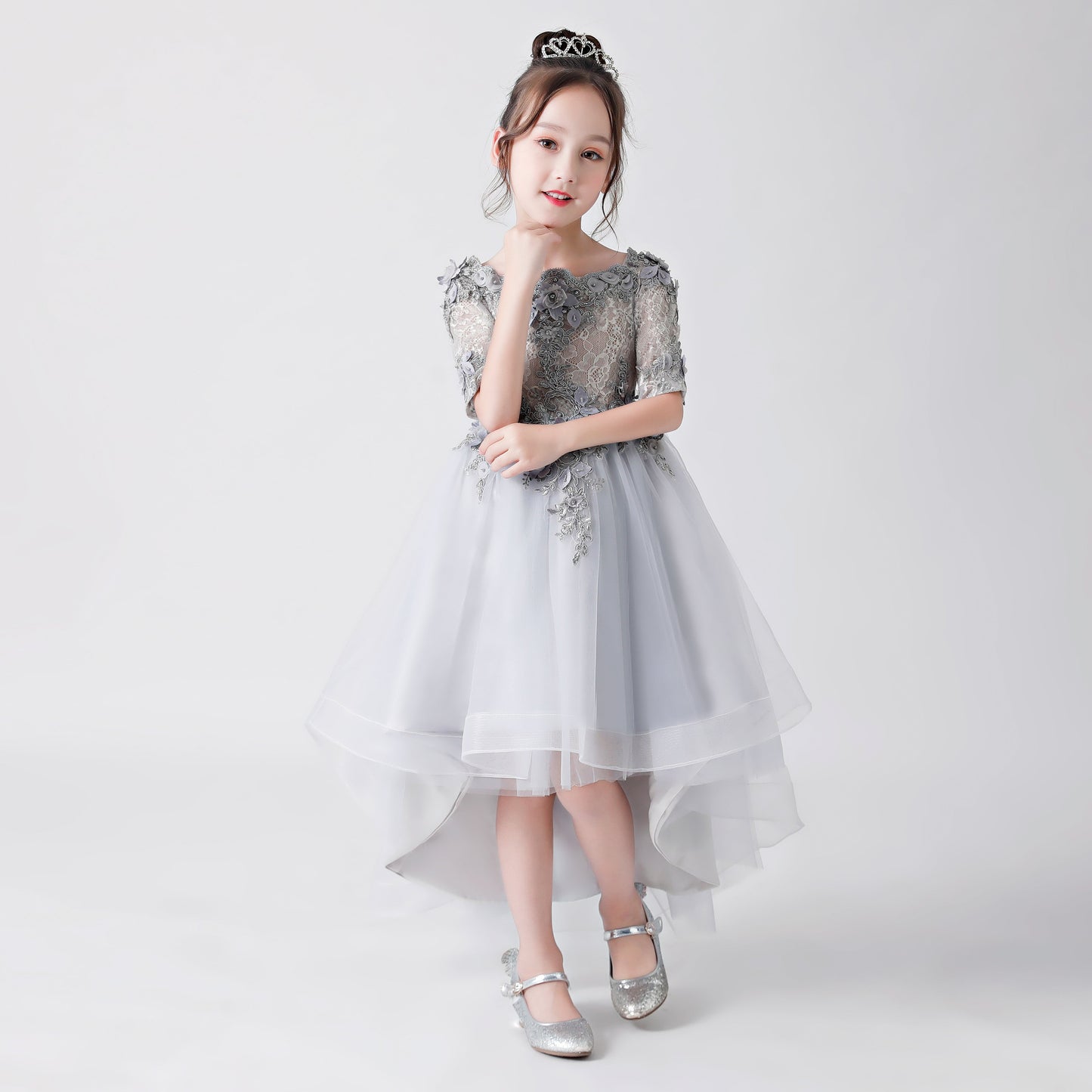 Silver Gray Embroidered Printed Chiffon Flower Girl Gown Dress For Wedding, Party, Occasions FLC3170