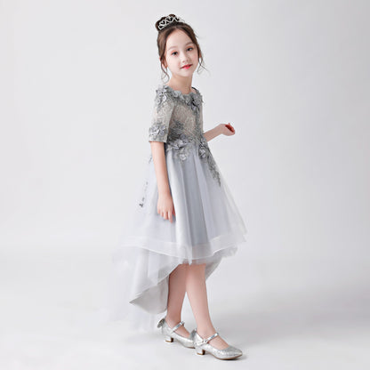 Silver Gray Embroidered Printed Chiffon Flower Girl Gown Dress For Wedding, Party, Occasions FLC3170