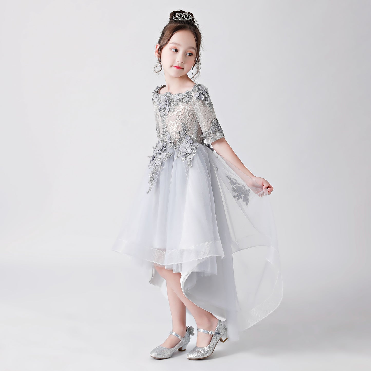 Silver Gray Embroidered Printed Chiffon Flower Girl Gown Dress For Wedding, Party, Occasions FLC3170