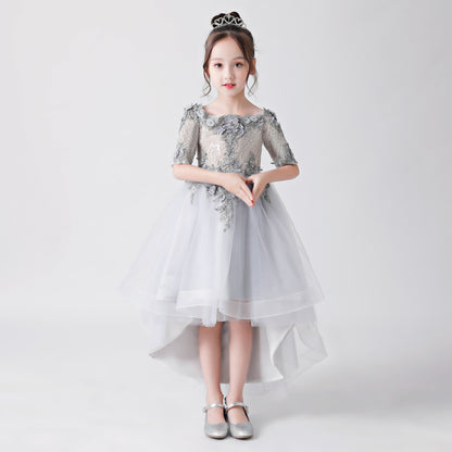 Silver Gray Embroidered Printed Chiffon Flower Girl Gown Dress For Wedding, Party, Occasions FLC3170