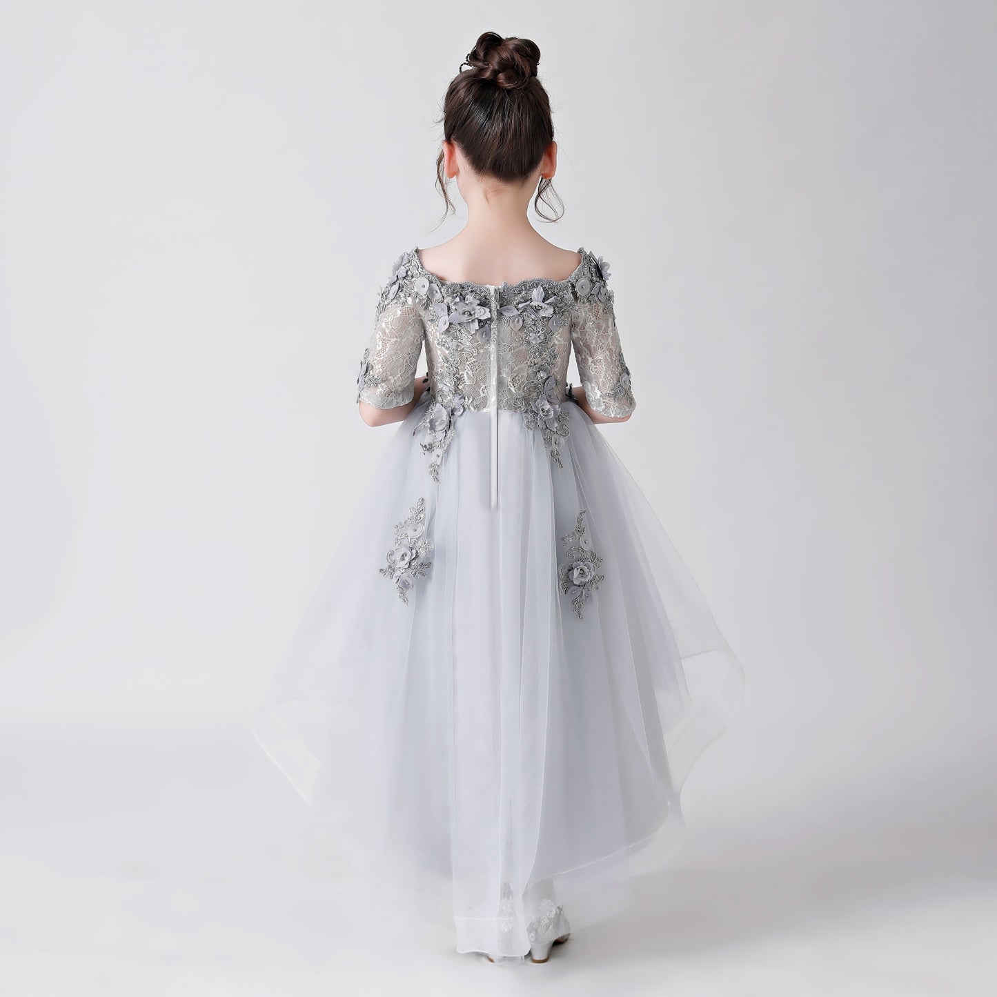 Silver Gray Embroidered Printed Chiffon Flower Girl Gown Dress For Wedding, Party, Occasions FLC3170