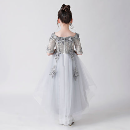 Silver Gray Embroidered Printed Chiffon Flower Girl Gown Dress For Wedding, Party, Occasions FLC3170