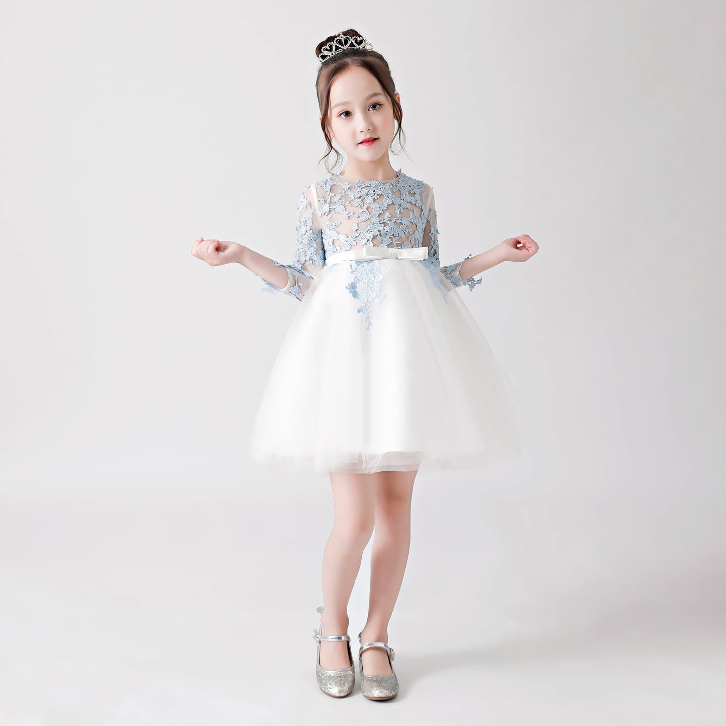 White Hollow Printed Chiffon Flower Girl Puffy Dress For Wedding, Party, Occasions FLC3171