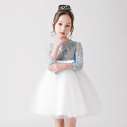 White Hollow Printed Chiffon Flower Girl Puffy Dress For Wedding, Party, Occasions FLC3171