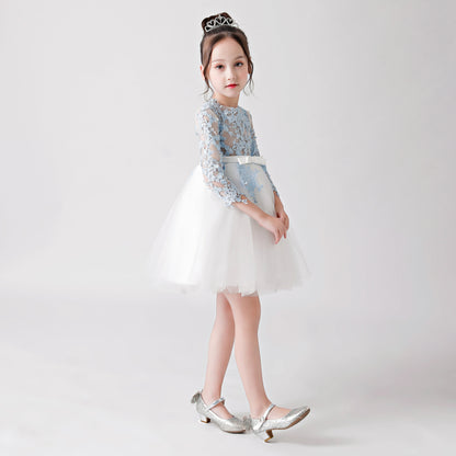 White Hollow Printed Chiffon Flower Girl Puffy Dress For Wedding, Party, Occasions FLC3171