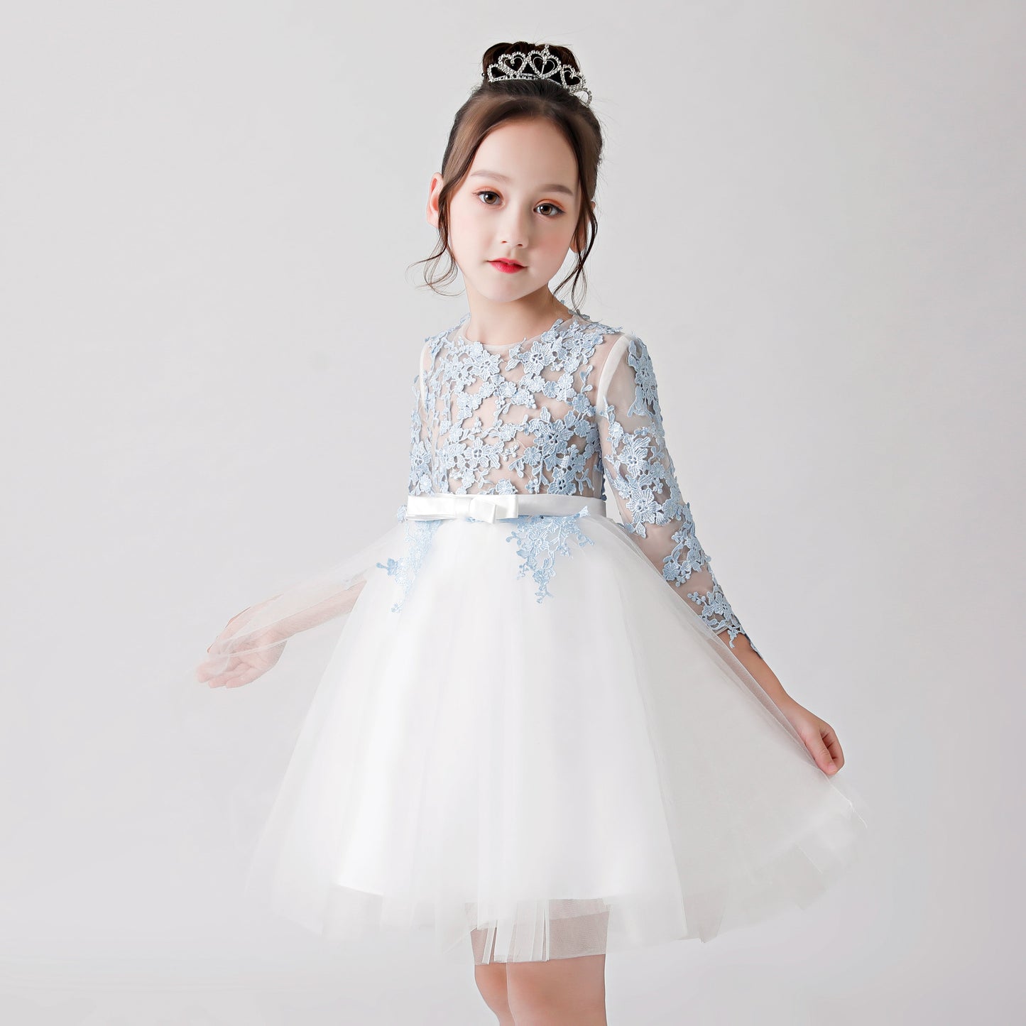 White Hollow Printed Chiffon Flower Girl Puffy Dress For Wedding, Party, Occasions FLC3171