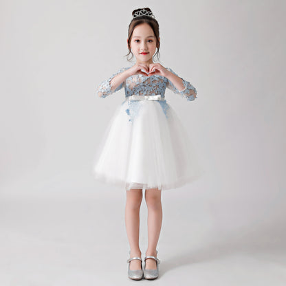 White Hollow Printed Chiffon Flower Girl Puffy Dress For Wedding, Party, Occasions FLC3171