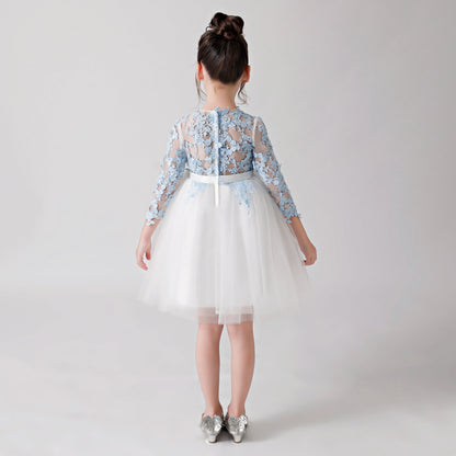 White Hollow Printed Chiffon Flower Girl Puffy Dress For Wedding, Party, Occasions FLC3171