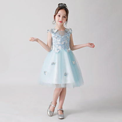 Light Blue Butterfly Print Embroidered Chiffon Flower Girl Puffy Dress For Wedding, Party, Occasions FLC3172