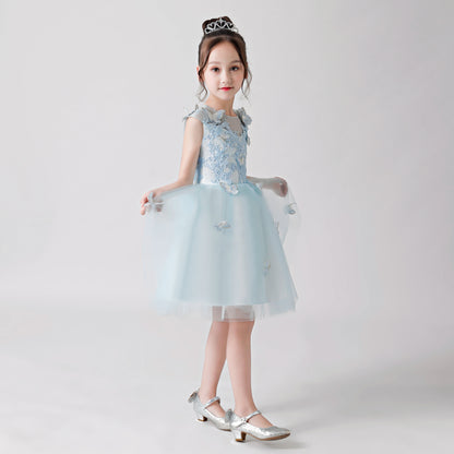 Light Blue Butterfly Print Embroidered Chiffon Flower Girl Puffy Dress For Wedding, Party, Occasions FLC3172