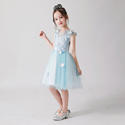 Light Blue Butterfly Print Embroidered Chiffon Flower Girl Puffy Dress For Wedding, Party, Occasions FLC3172