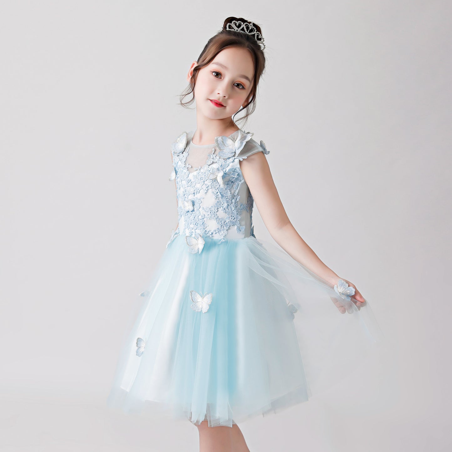 Light Blue Butterfly Print Embroidered Chiffon Flower Girl Puffy Dress For Wedding, Party, Occasions FLC3172