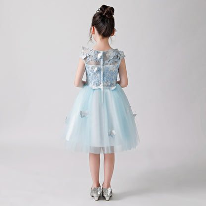 Light Blue Butterfly Print Embroidered Chiffon Flower Girl Puffy Dress For Wedding, Party, Occasions FLC3172