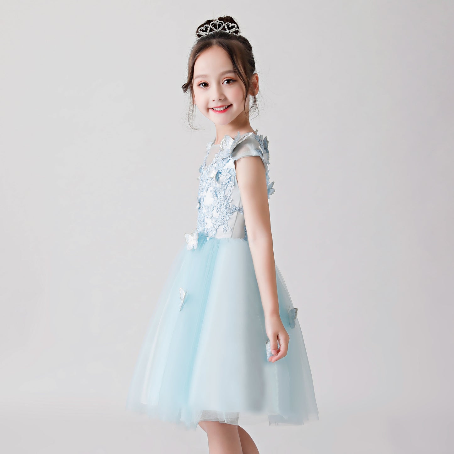 Light Blue Butterfly Print Embroidered Chiffon Flower Girl Puffy Dress For Wedding, Party, Occasions FLC3172