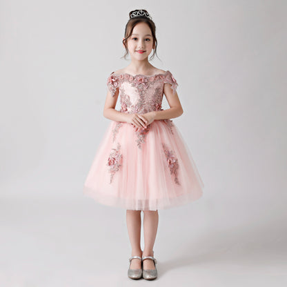 Pink Rose Print Embroidered Chiffon Flower Girl Poncho Dress For Wedding, Party, Occasions FLC3173