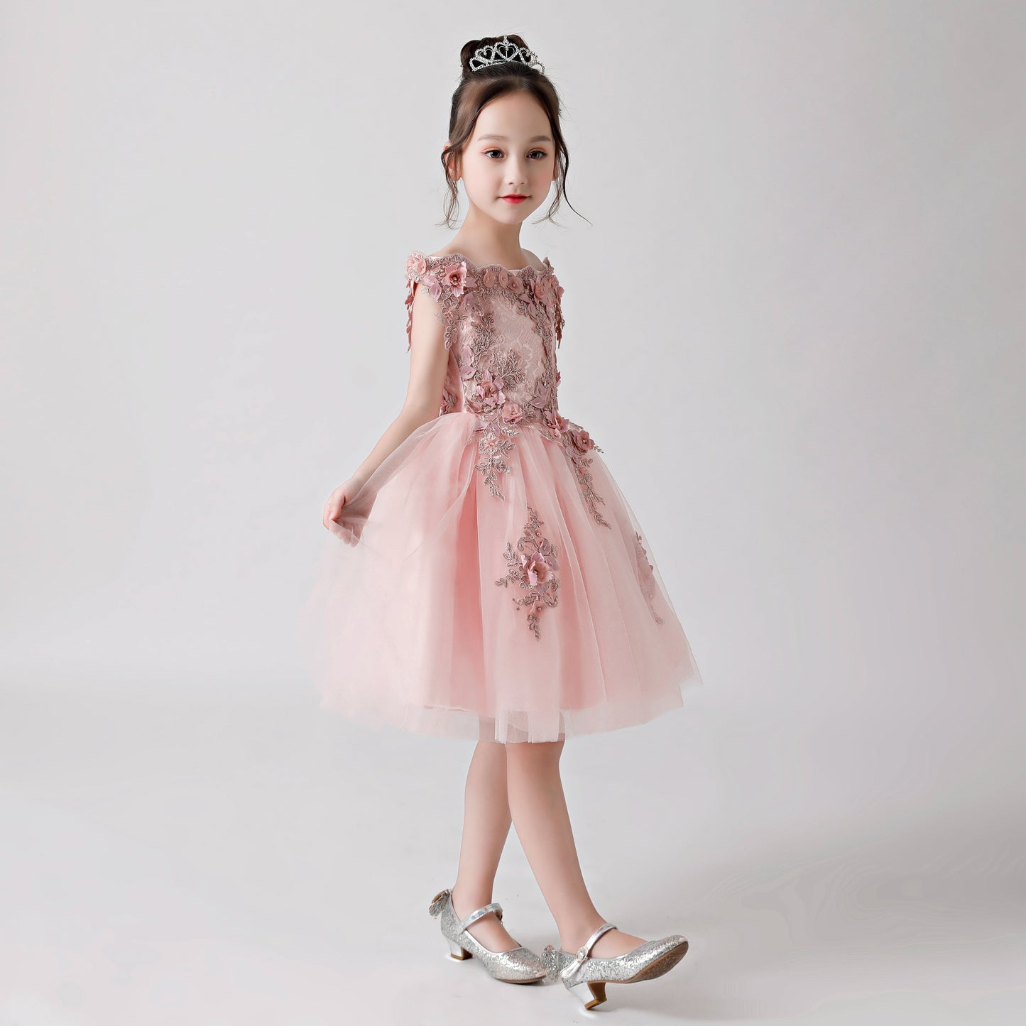 Pink Rose Print Embroidered Chiffon Flower Girl Poncho Dress For Wedding, Party, Occasions FLC3173