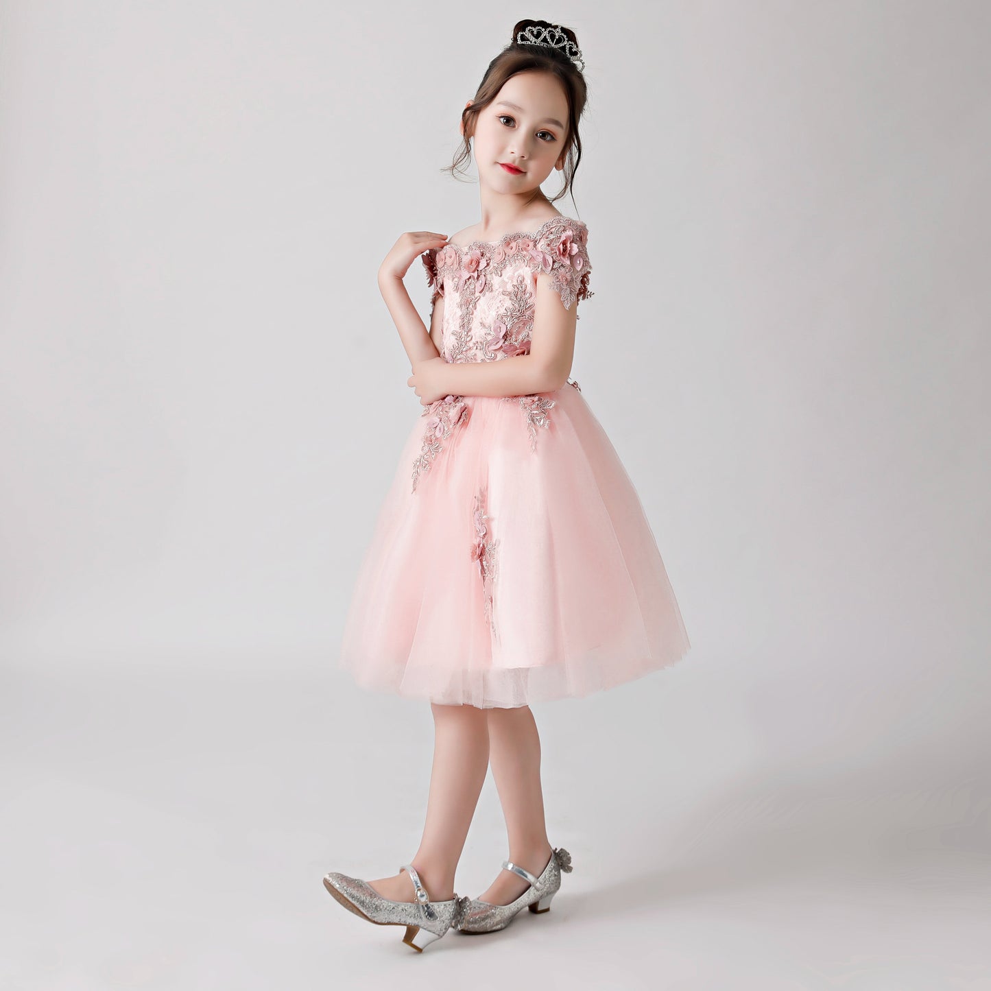 Pink Rose Print Embroidered Chiffon Flower Girl Poncho Dress For Wedding, Party, Occasions FLC3173