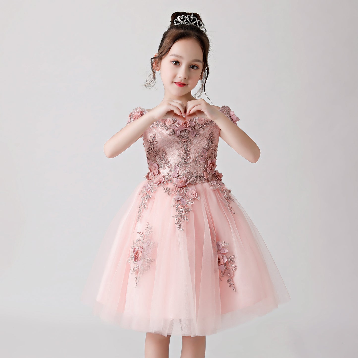 Pink Rose Print Embroidered Chiffon Flower Girl Poncho Dress For Wedding, Party, Occasions FLC3173