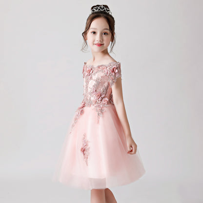 Pink Rose Print Embroidered Chiffon Flower Girl Poncho Dress For Wedding, Party, Occasions FLC3173