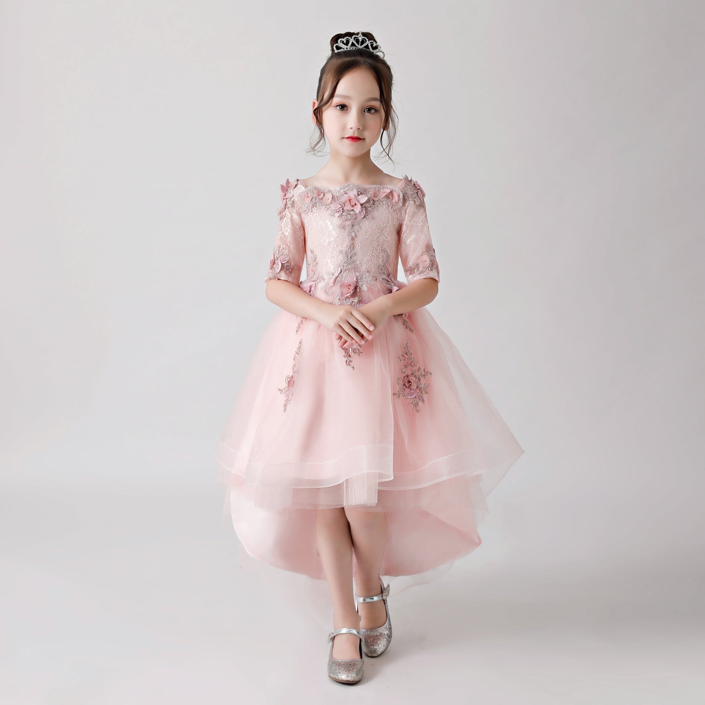 Pink Rose Print Embroidered Chiffon Flower Girl Long Dress For Wedding, Party, Occasions FLC3174