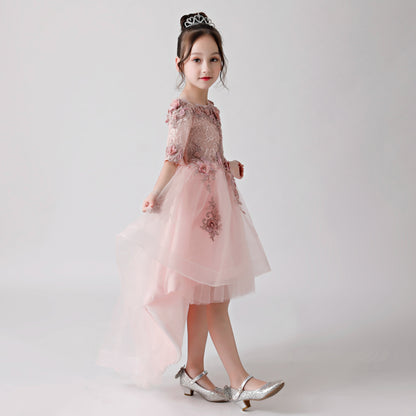 Pink Rose Print Embroidered Chiffon Flower Girl Long Dress For Wedding, Party, Occasions FLC3174