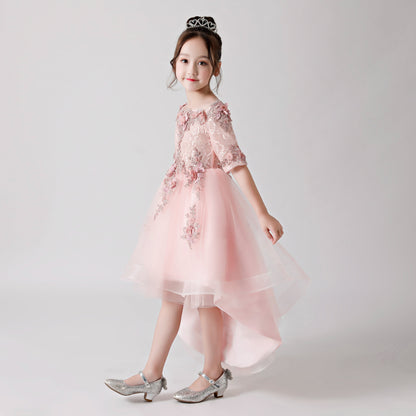 Pink Rose Print Embroidered Chiffon Flower Girl Long Dress For Wedding, Party, Occasions FLC3174