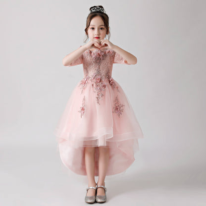 Pink Rose Print Embroidered Chiffon Flower Girl Long Dress For Wedding, Party, Occasions FLC3174