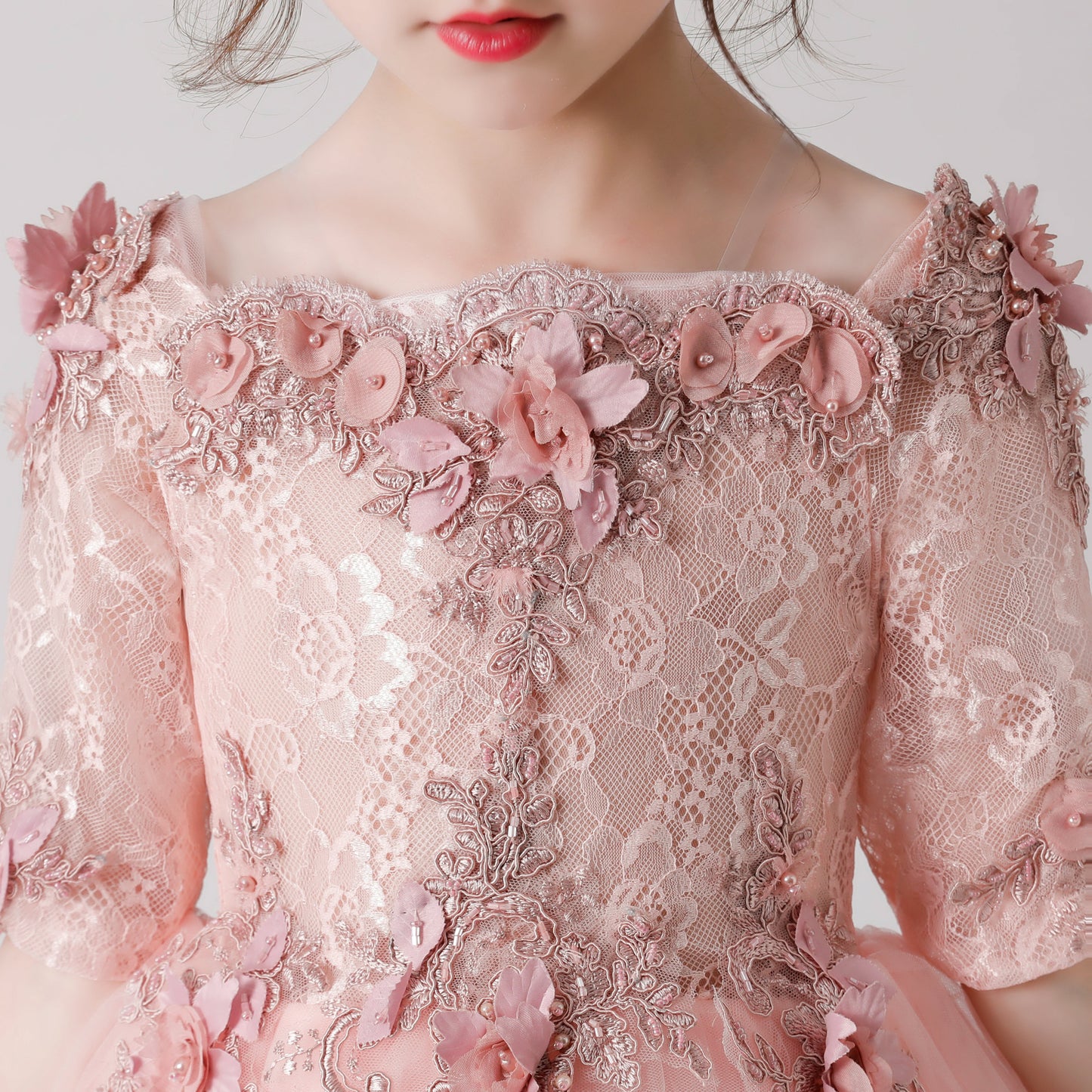 Pink Rose Print Embroidered Chiffon Flower Girl Long Dress For Wedding, Party, Occasions FLC3174