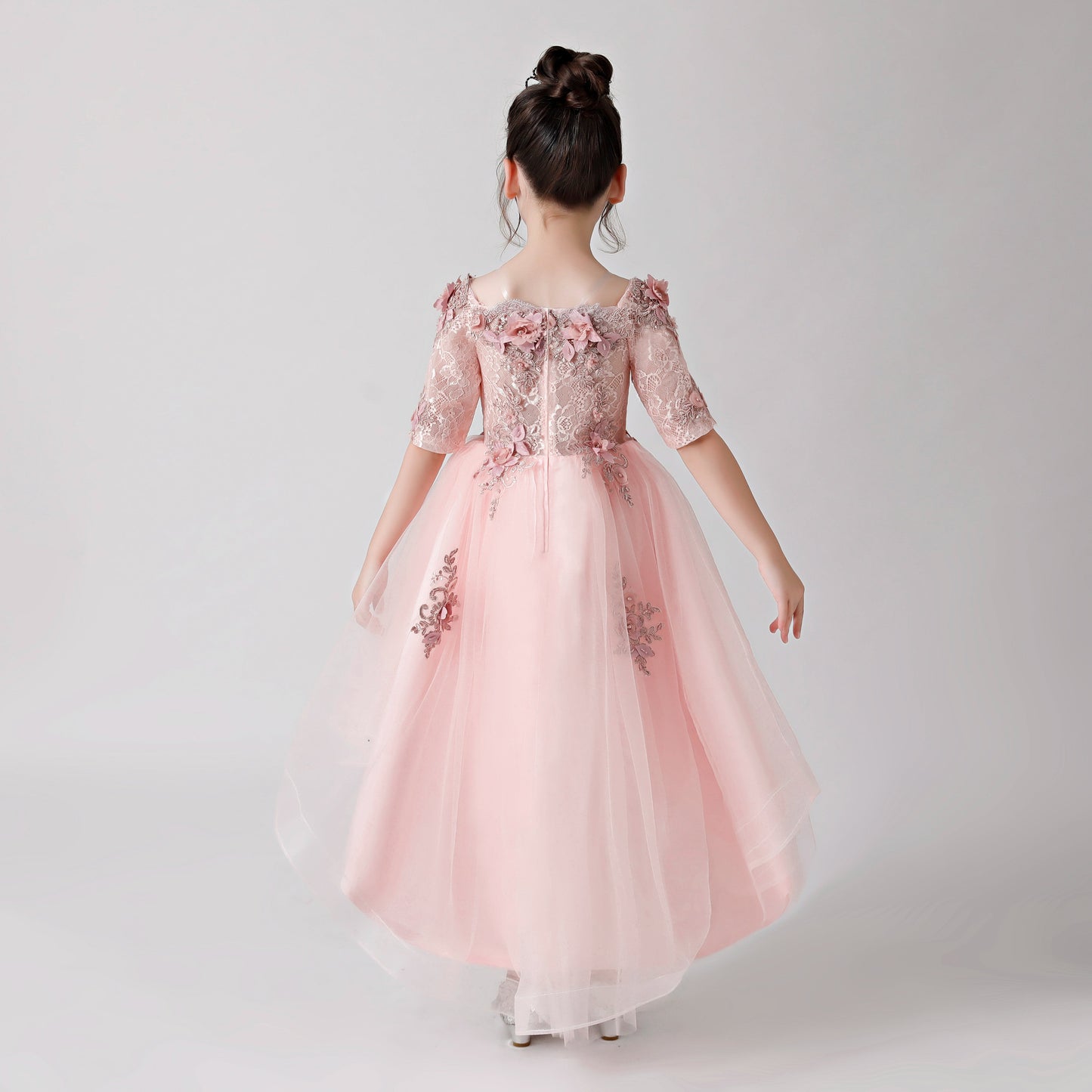 Pink Rose Print Embroidered Chiffon Flower Girl Long Dress For Wedding, Party, Occasions FLC3174