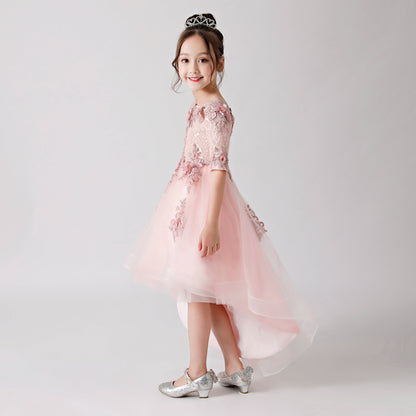 Pink Rose Print Embroidered Chiffon Flower Girl Long Dress For Wedding, Party, Occasions FLC3174