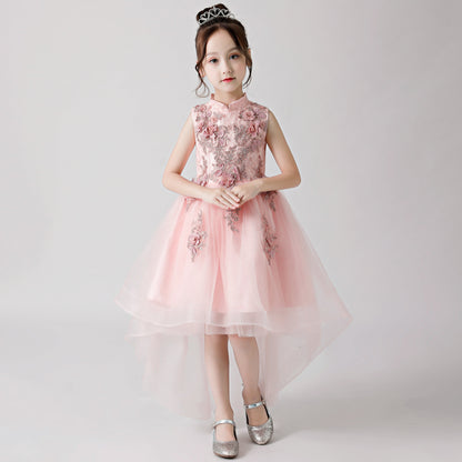 Pink Printed Embroidered Chiffon Flower Girl Long Dress For Wedding, Party, Occasions FLC3175