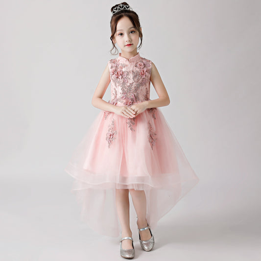 Pink Printed Embroidered Chiffon Flower Girl Long Dress For Wedding, Party, Occasions FLC3175