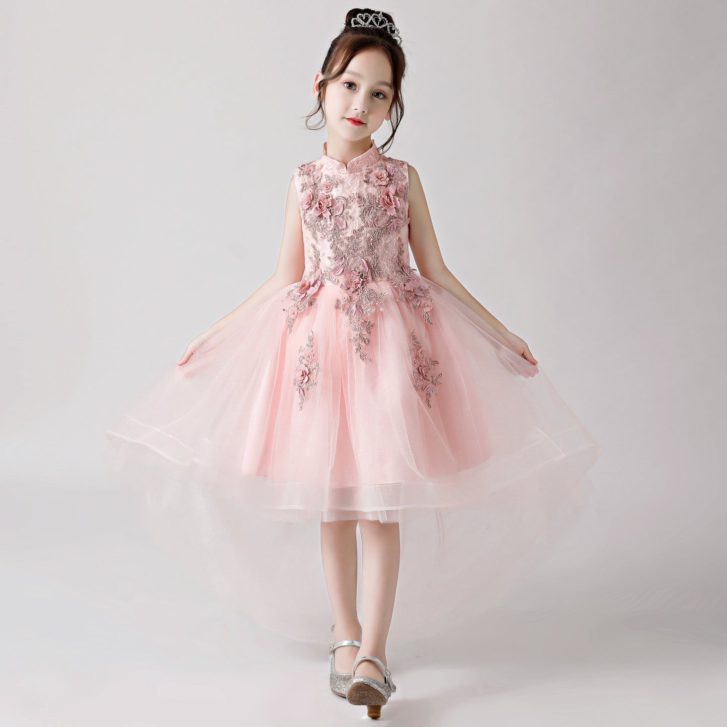 Pink Printed Embroidered Chiffon Flower Girl Long Dress For Wedding, Party, Occasions FLC3175