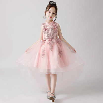 Pink Printed Embroidered Chiffon Flower Girl Long Dress For Wedding, Party, Occasions FLC3175