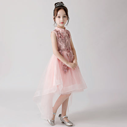 Pink Printed Embroidered Chiffon Flower Girl Long Dress For Wedding, Party, Occasions FLC3175