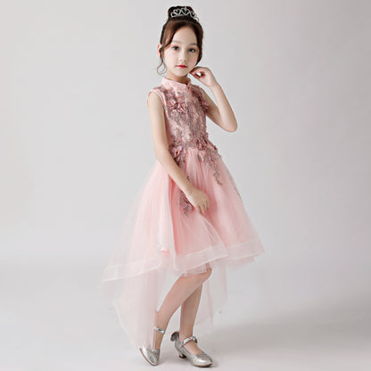 Pink Printed Embroidered Chiffon Flower Girl Long Dress For Wedding, Party, Occasions FLC3175