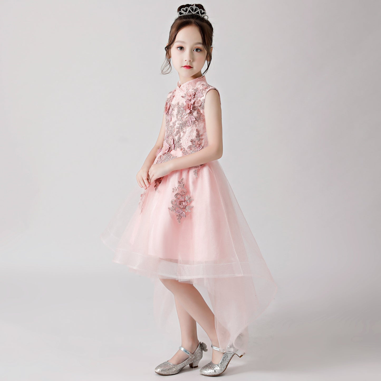 Pink Printed Embroidered Chiffon Flower Girl Long Dress For Wedding, Party, Occasions FLC3175