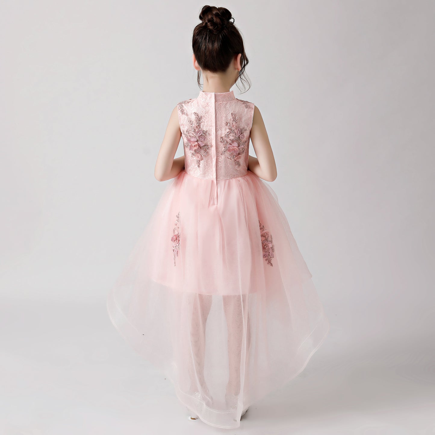 Pink Printed Embroidered Chiffon Flower Girl Long Dress For Wedding, Party, Occasions FLC3175