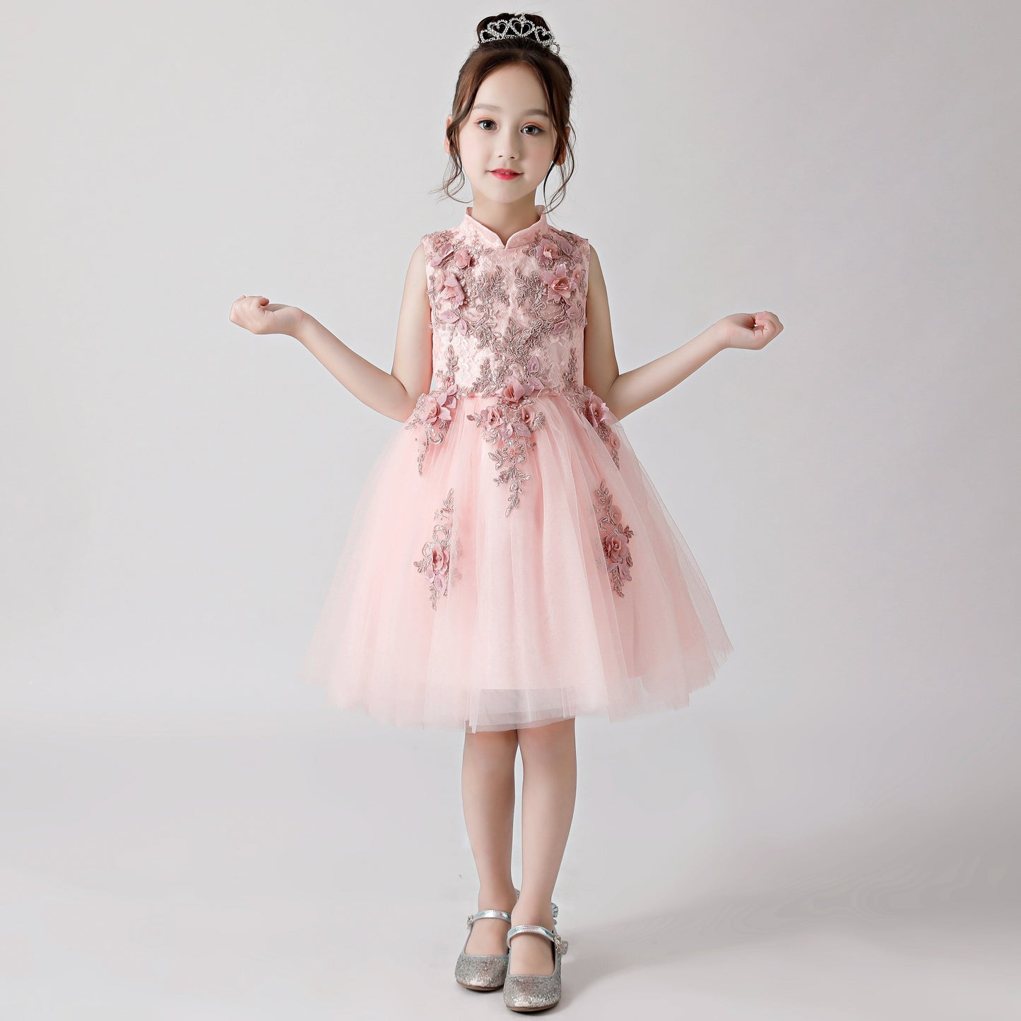 Pink Printed Embroidered Chiffon Flower Girl Poncho Dress For Wedding, Party, Occasions FLC3176