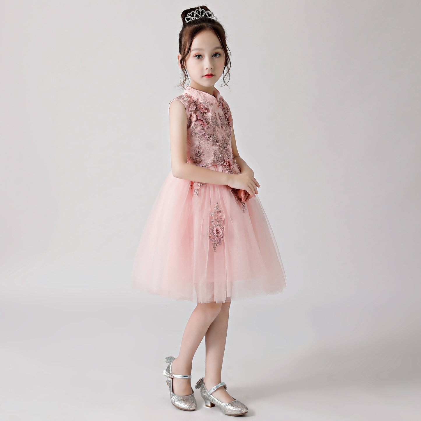 Pink Printed Embroidered Chiffon Flower Girl Poncho Dress For Wedding, Party, Occasions FLC3176