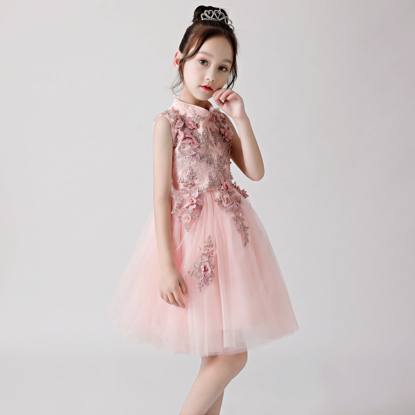 Pink Printed Embroidered Chiffon Flower Girl Poncho Dress For Wedding, Party, Occasions FLC3176