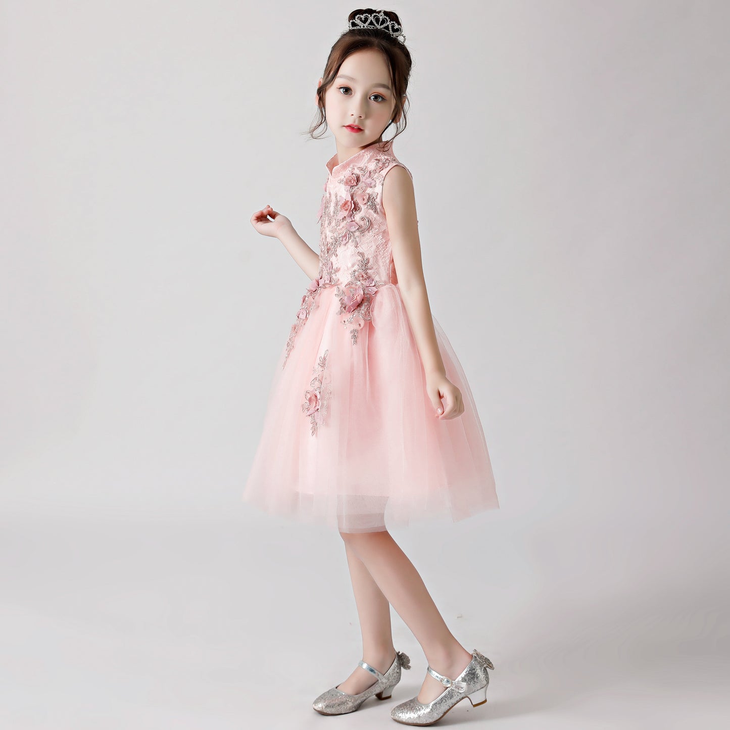 Pink Printed Embroidered Chiffon Flower Girl Poncho Dress For Wedding, Party, Occasions FLC3176