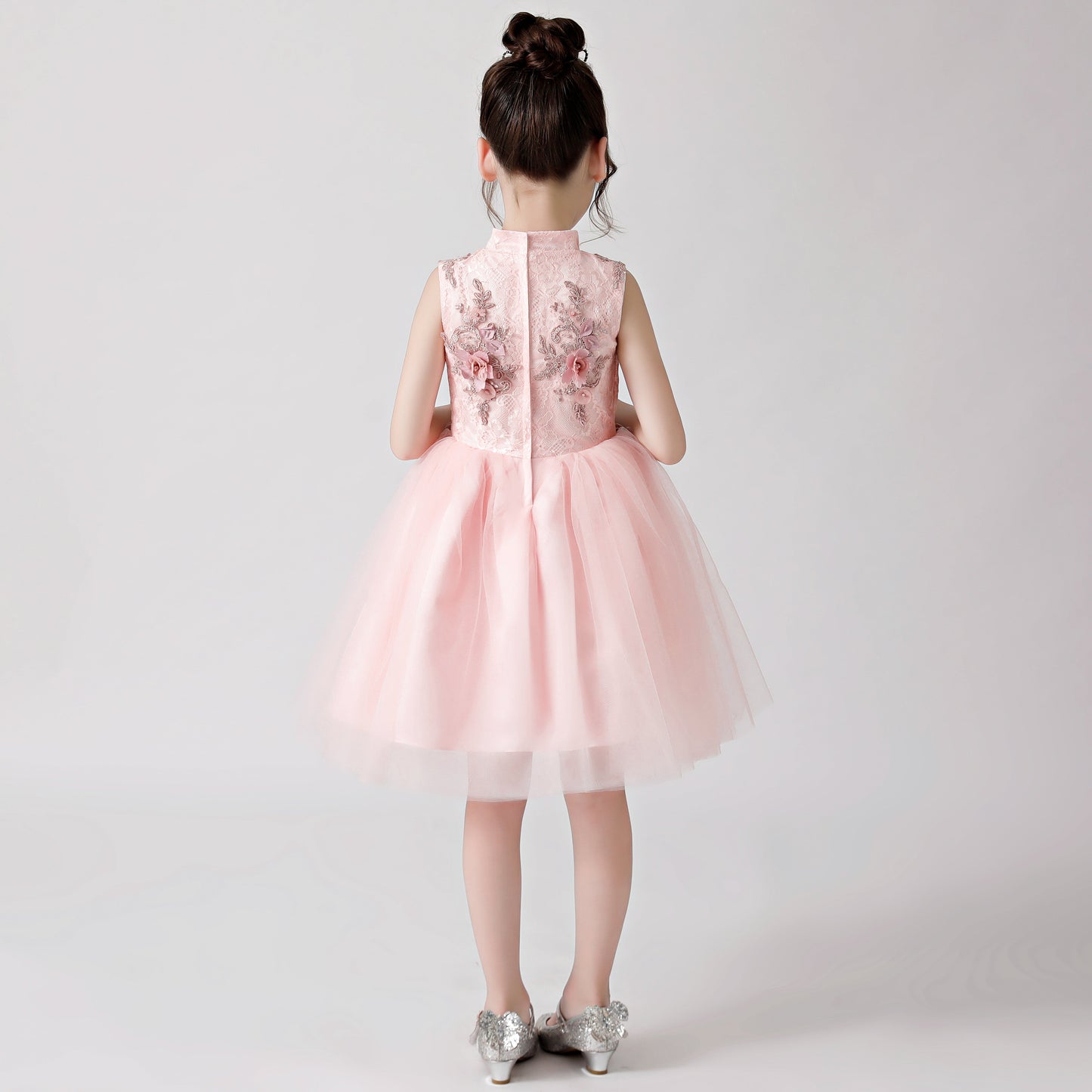 Pink Printed Embroidered Chiffon Flower Girl Poncho Dress For Wedding, Party, Occasions FLC3176